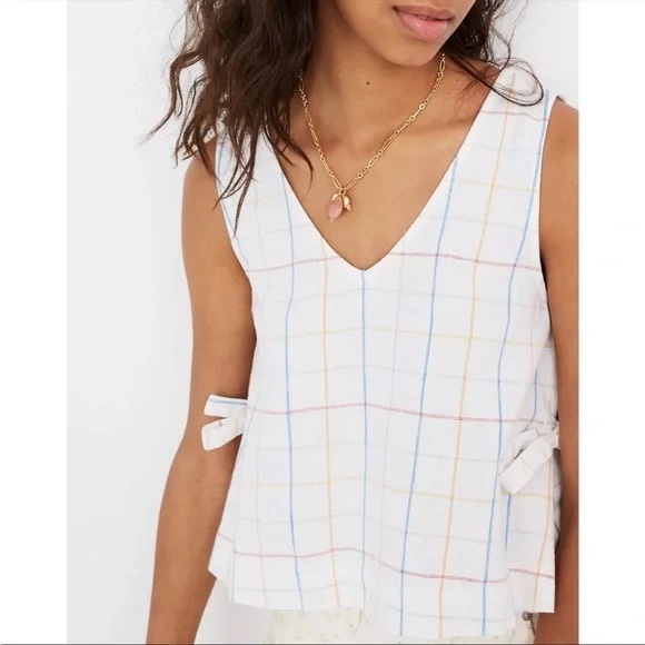 Madewell Small Side-Tie Tank Top in Windowpane, White Multicolor Plaid, Bows - Picture 4 of 8